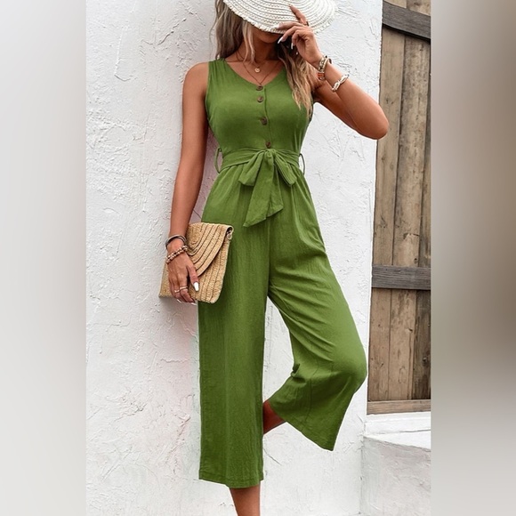 Summer Quench Button Front V Neck Tie Waist Jumpsuit - Picture 3 of 7